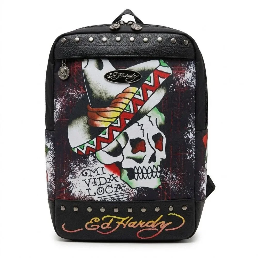 ​Ed Hardy Mi Vida Loca Backpack Studded Skull Tattoo Graphic Black Bag NWT Y2K
